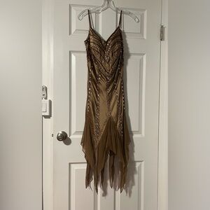 SUE WONG: Brown Beaded Evening Dress